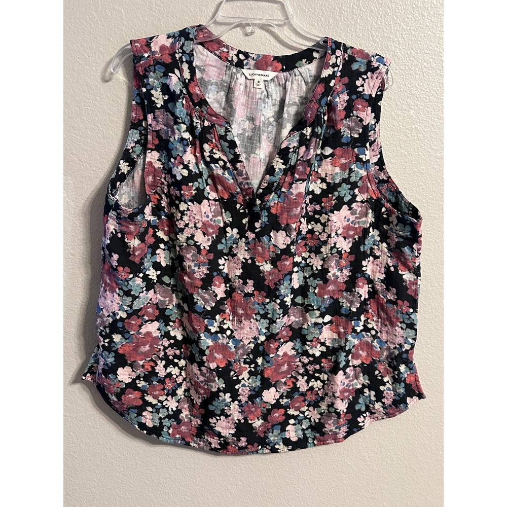 Lucky Brand XL Floral Print Sleeveless Top Blouse V Neck Casual